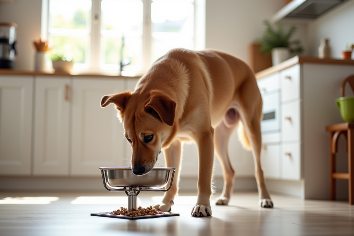 Large dog eating from elevated stainless steel bowl stand in kitchen