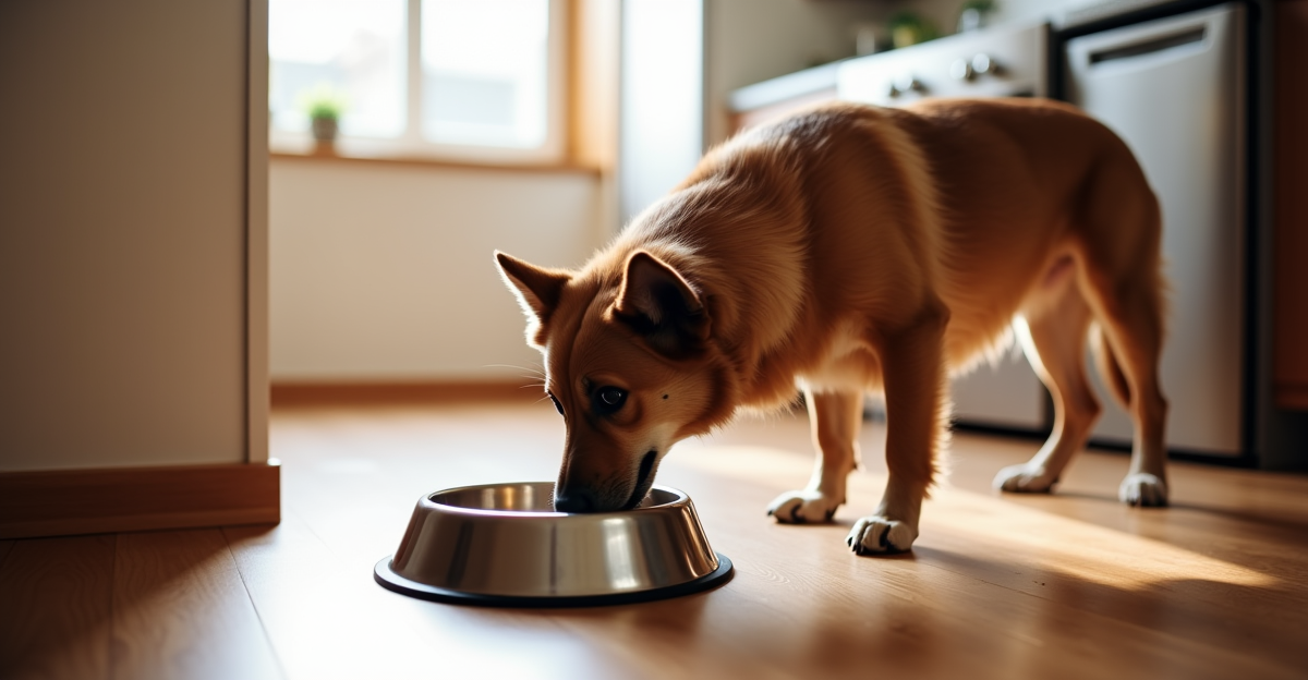 Large dog eating from elevated stainless steel bowl