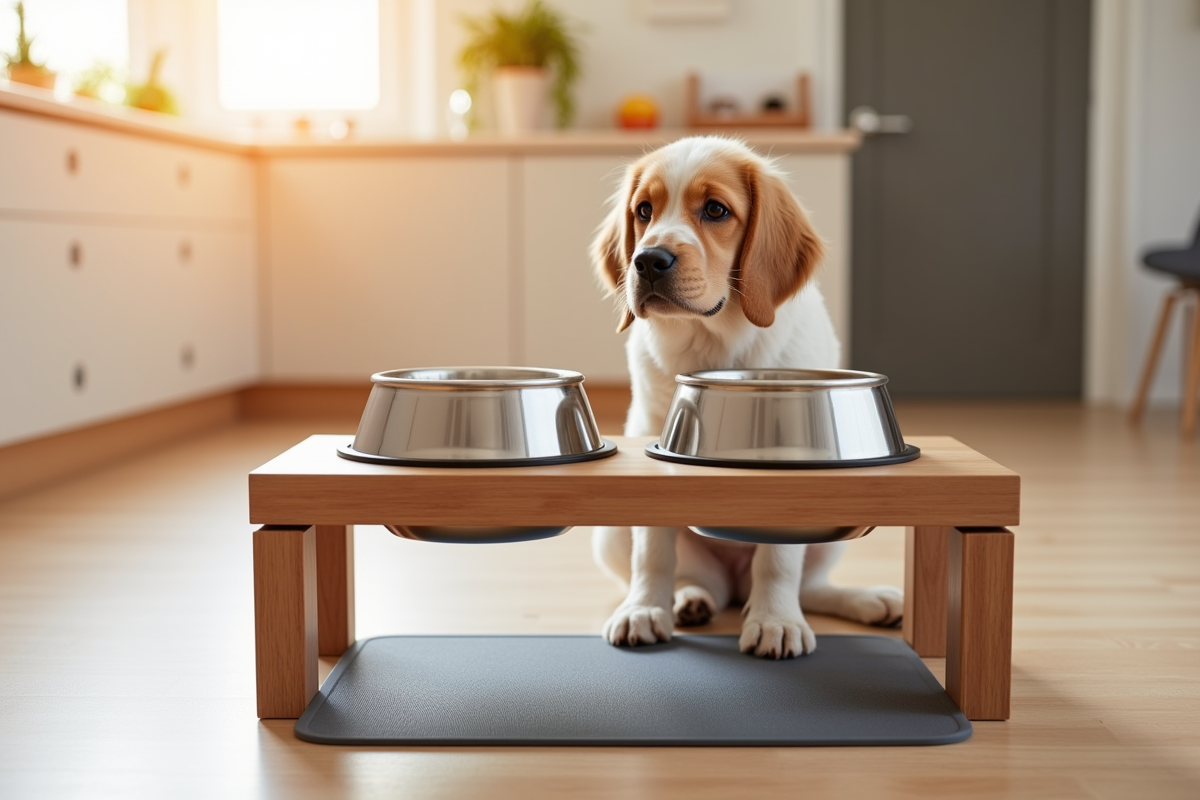 Dog feeding station with raised bowls and splash mat