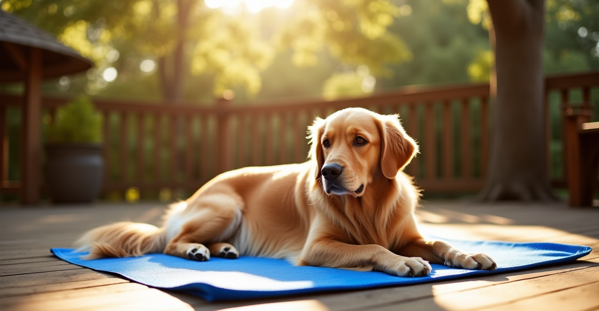 Golden retriever lying on a cooling mat in shaded backyard
