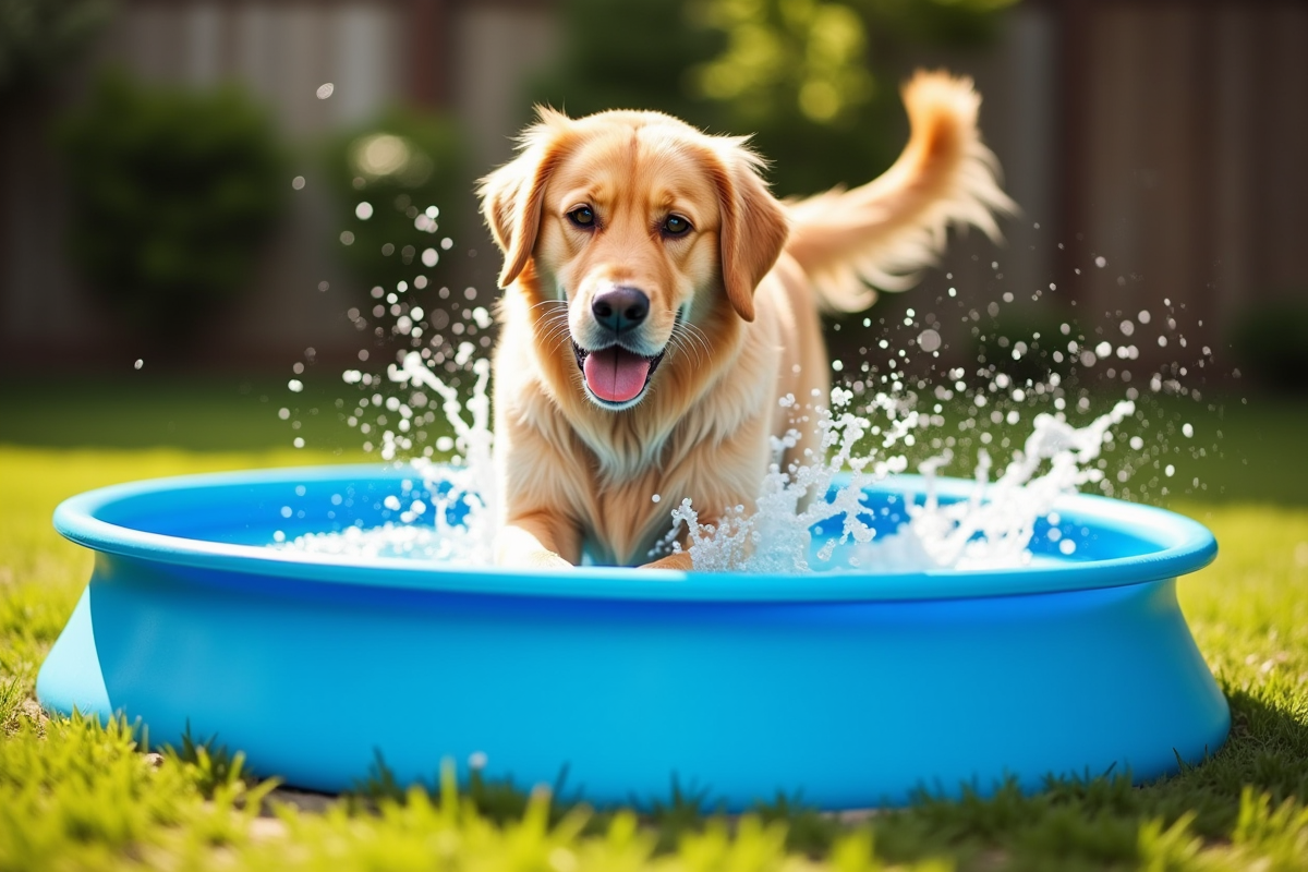 Happy dog playing in a blue kiddie pool in the backyard on a summer day