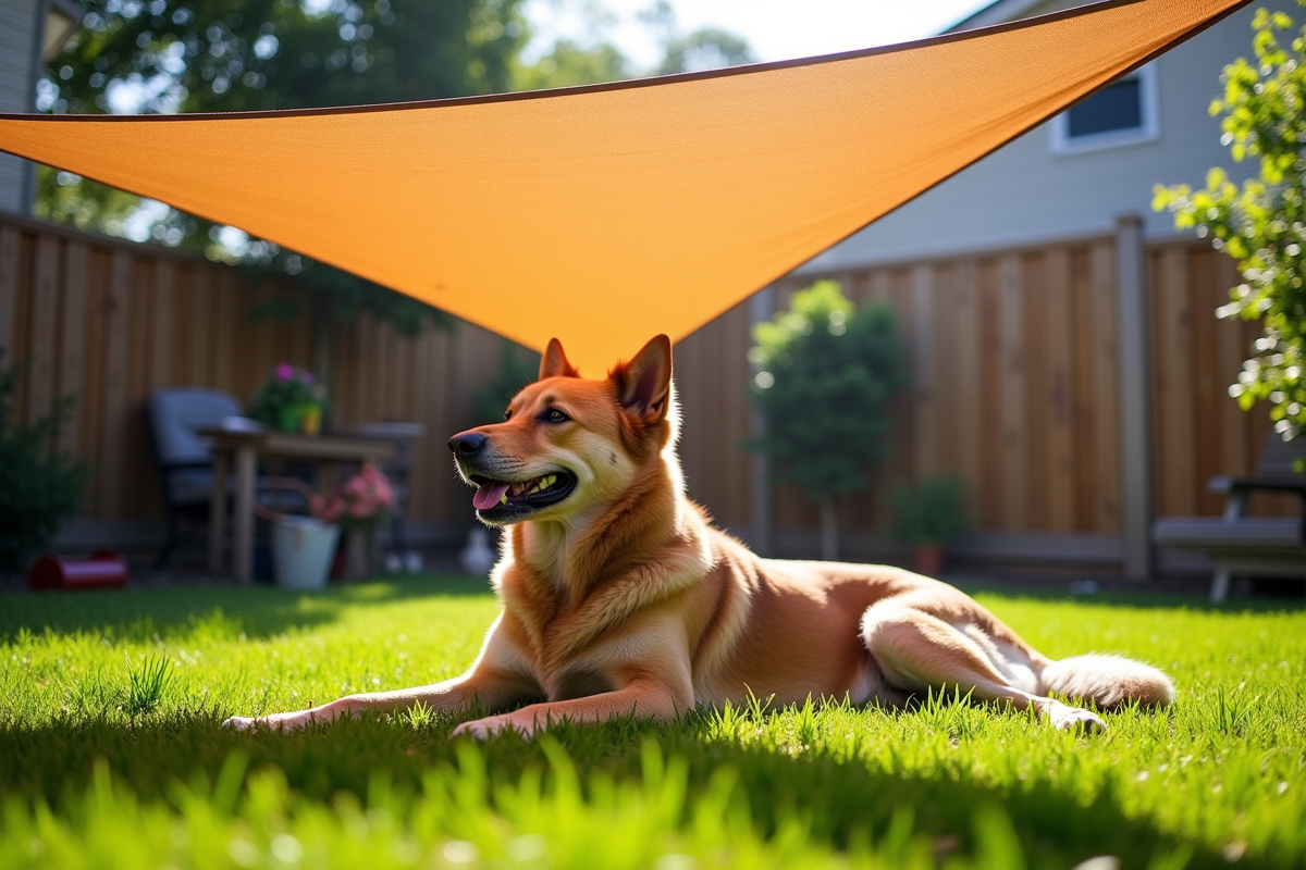 Dog resting under a pop-up shade canopy in the backyard