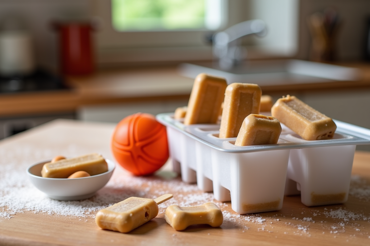 Homemade frozen dog treats and KONG toy on kitchen counter