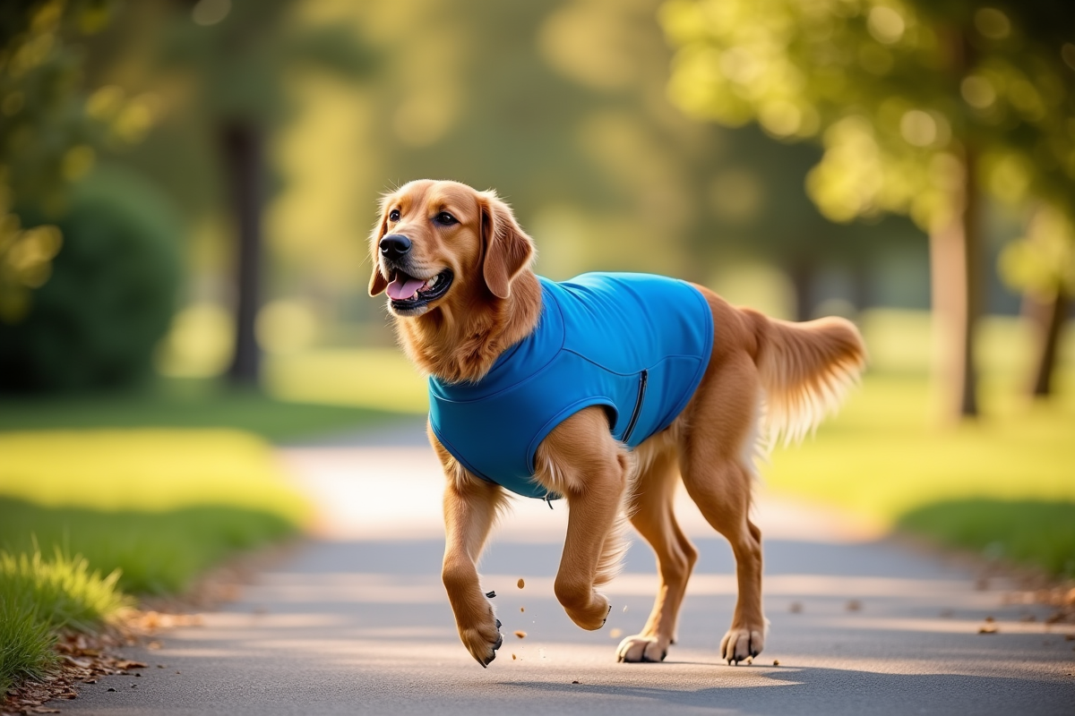 Dog wearing a cooling vest in the shade on a warm day
