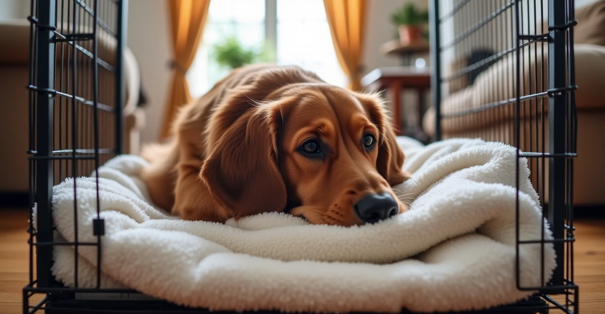Large dog lying in wire crate with blanket