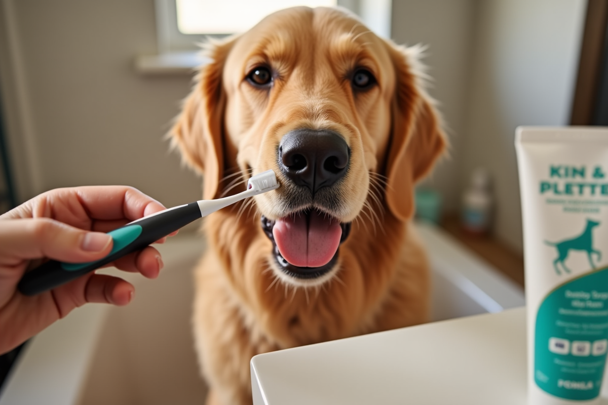 Brushing a dogs teeth with finger toothbrush at home