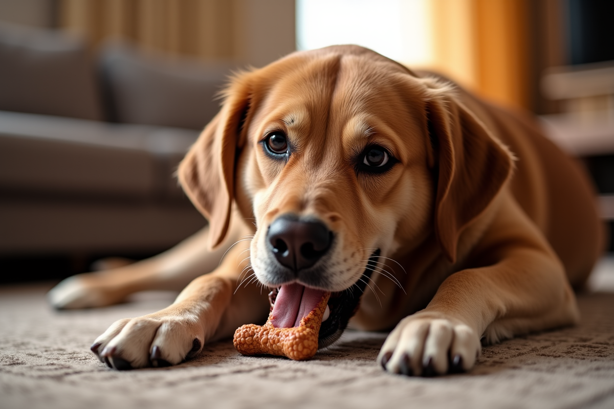 Dog chewing dental treat on living room rug