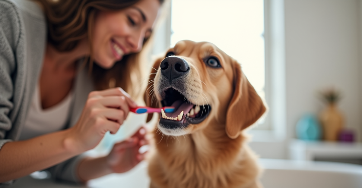 Dog getting teeth brushed at home