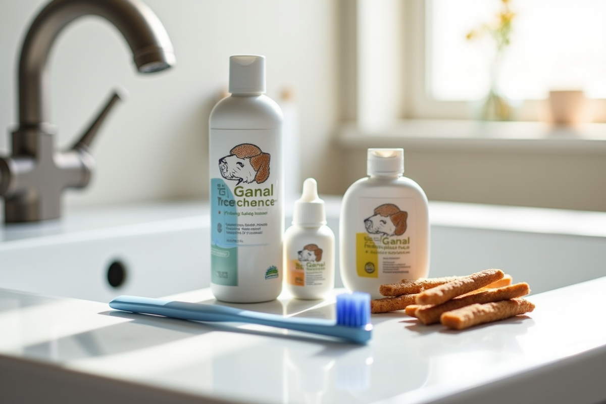 Dog dental care products on bathroom counter