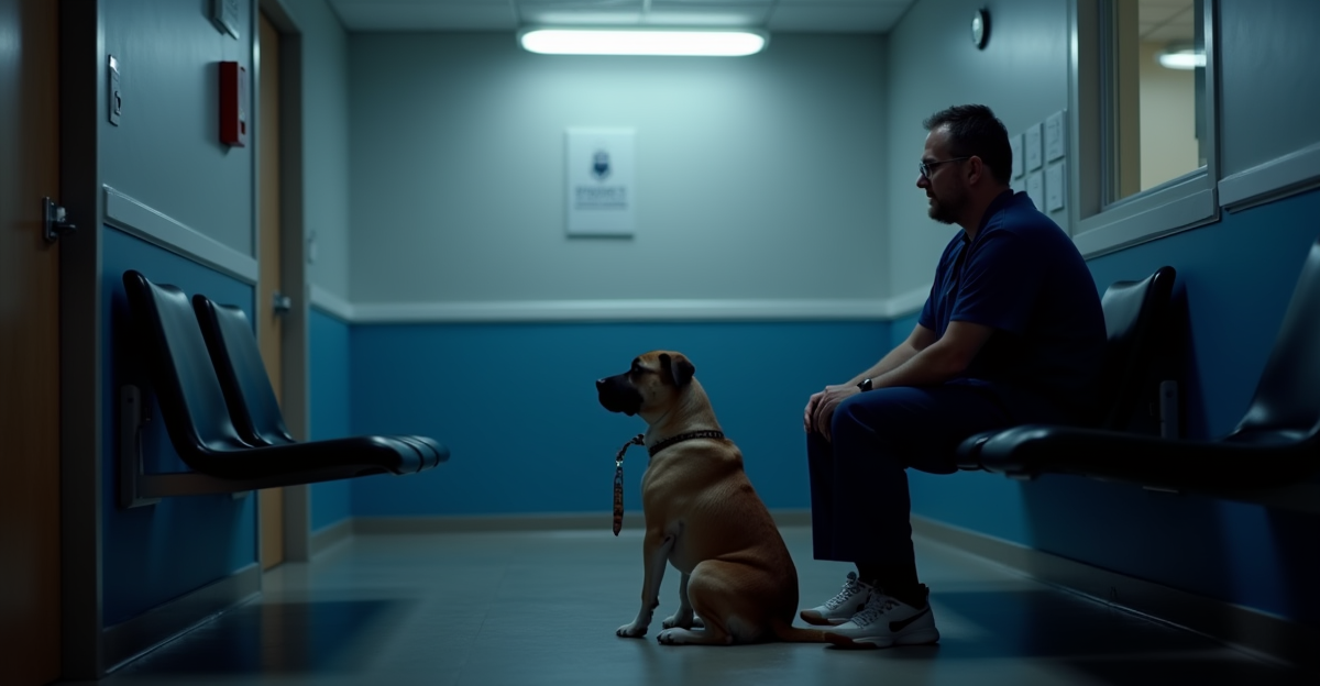 Worried pet owner at emergency vet clinic