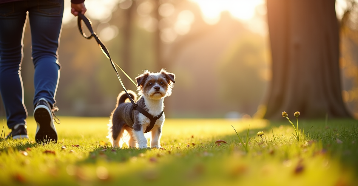 Small dog walking on leash in park