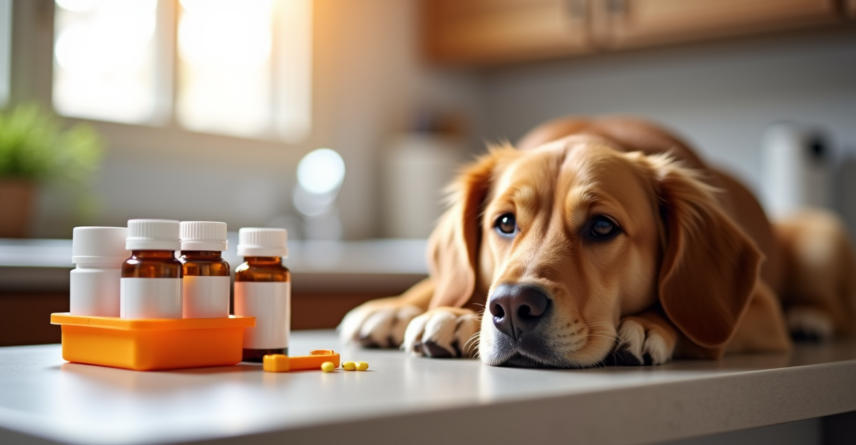Pet medication bottles and pill organizer next to dog