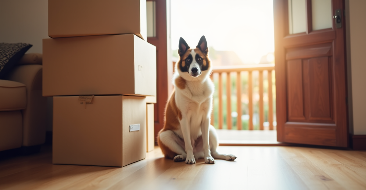 Dog beside stacked moving boxes