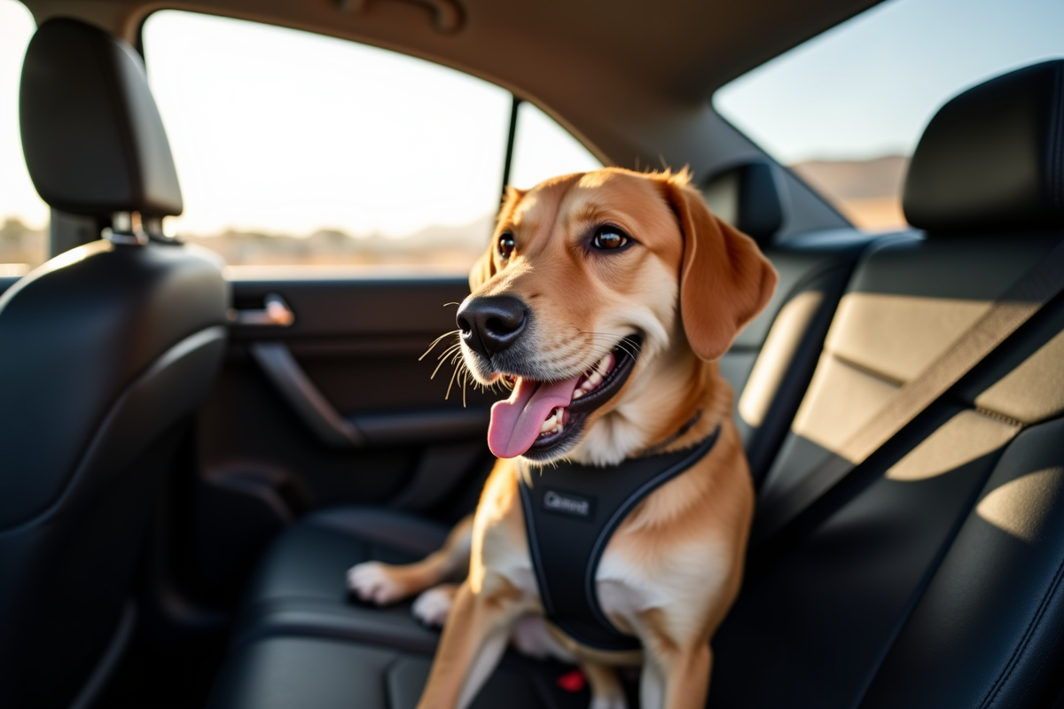 Happy dog secured with seatbelt harness on road trip