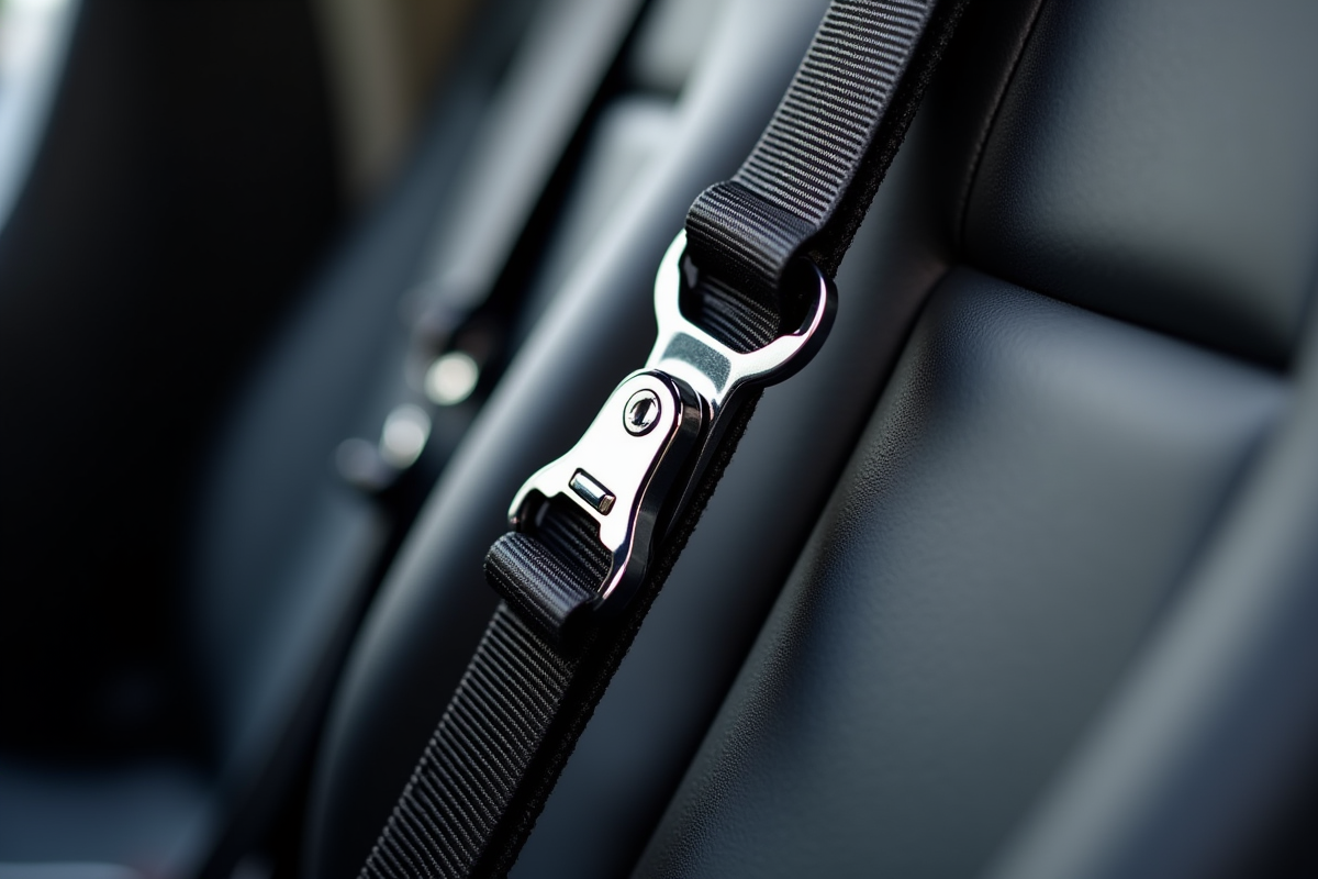 Dog seatbelt tether clip attached to car buckle