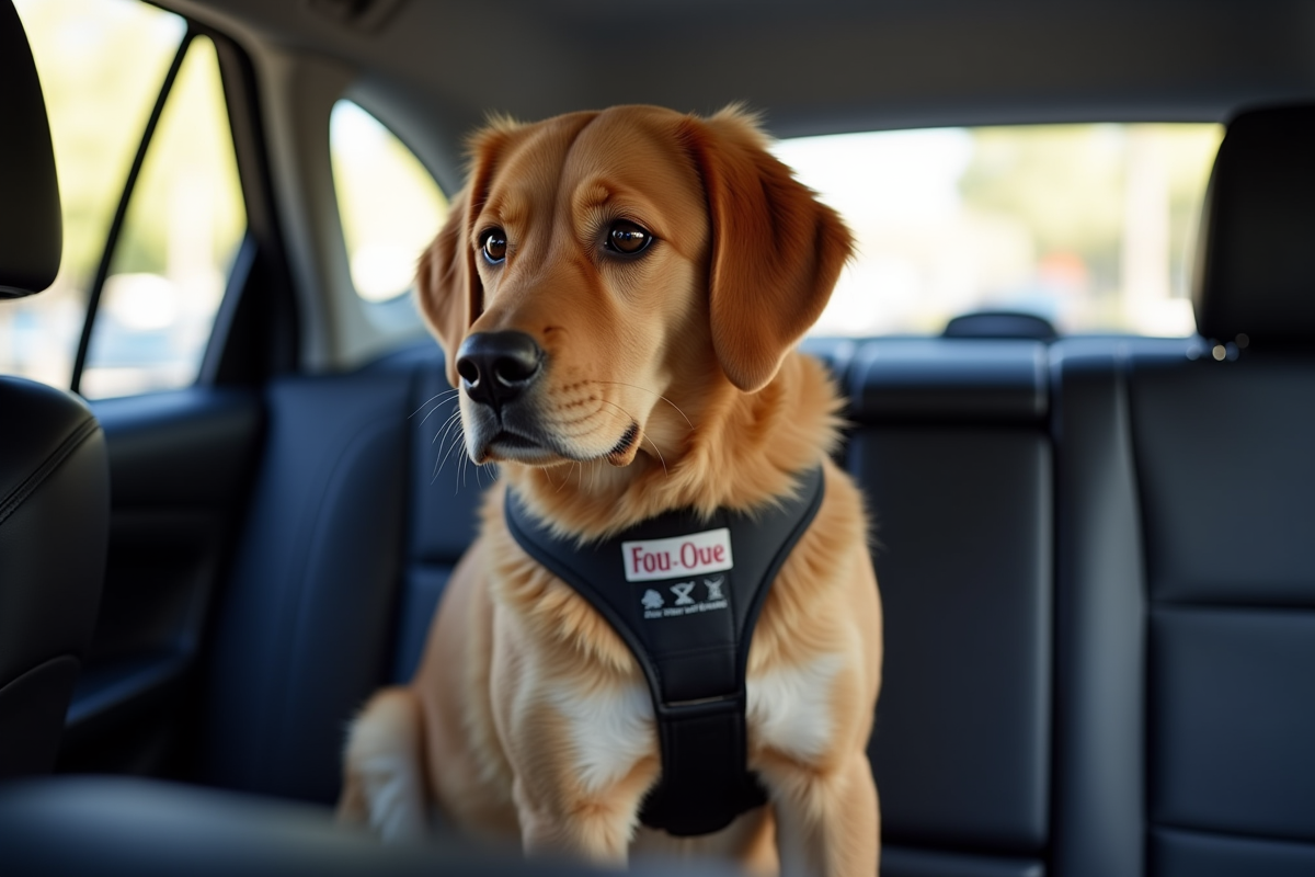 Large dog wearing crash-tested seatbelt harness in car