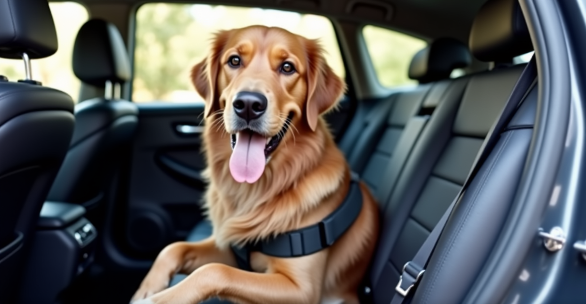Golden retriever wearing car seatbelt harness