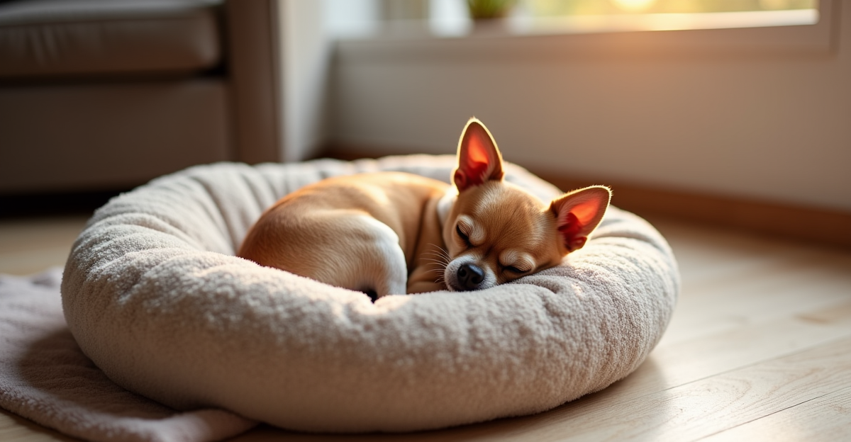 Small dog sleeping on plush round dog bed