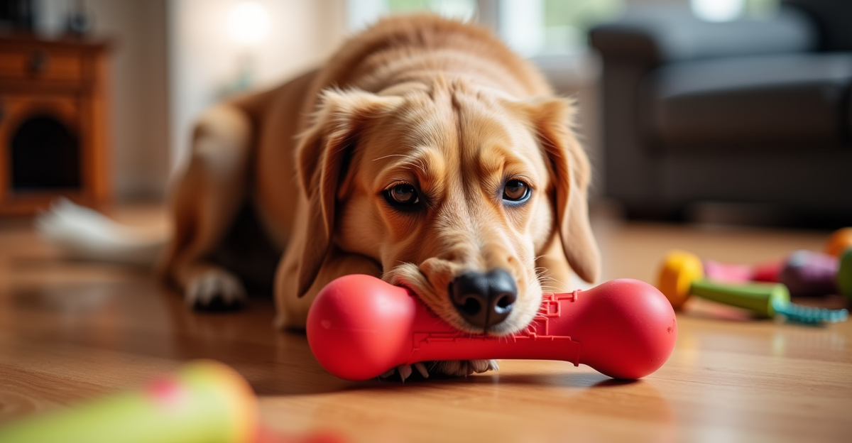 Dog chewing durable rubber toy on hardwood floor