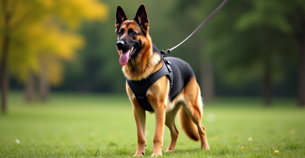 Small dog wearing a well-fitted harness on a walk