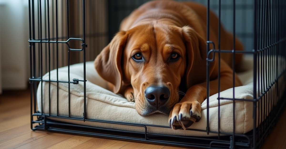 large dog resting calmly inside a spacious wire dog crate with a comfortable bed inside, living room