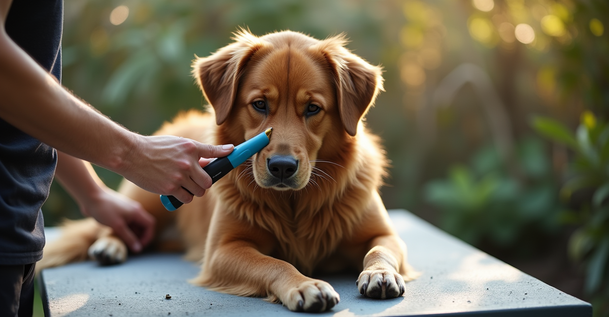 owner brushing a large dog with a deshedding tool on a grooming table, backyard setting, afternoon s