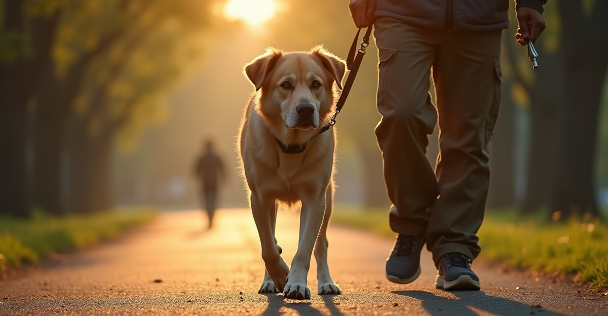 large dog walking calmly on a heavy-duty leash, owner holding the handle, tree-lined park path, gold