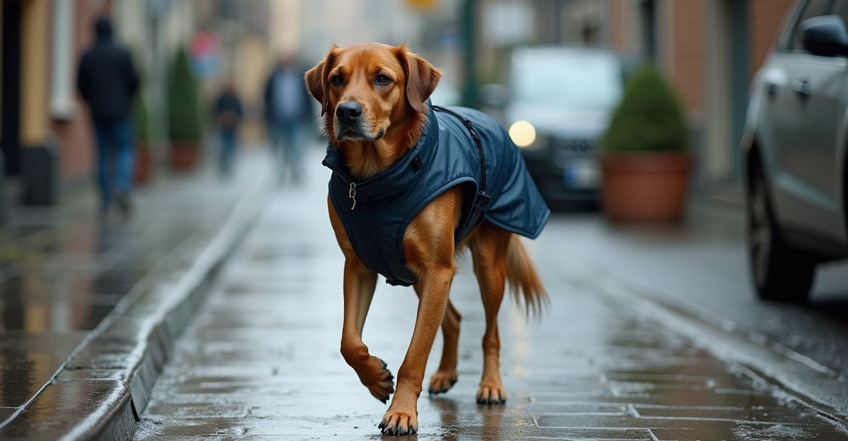large dog wearing a waterproof rain jacket walking on a wet sidewalk after rain, reflections on pave