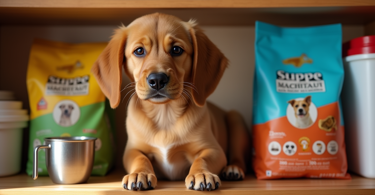 dog food bags organized on pantry shelves next to measuring cup and storage container, kitchen pantr