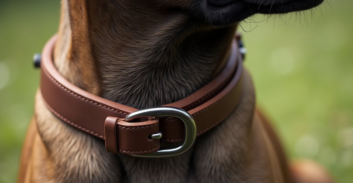 close-up of a thick durable dog collar on a large breed dog's neck, leather and metal hardware detai