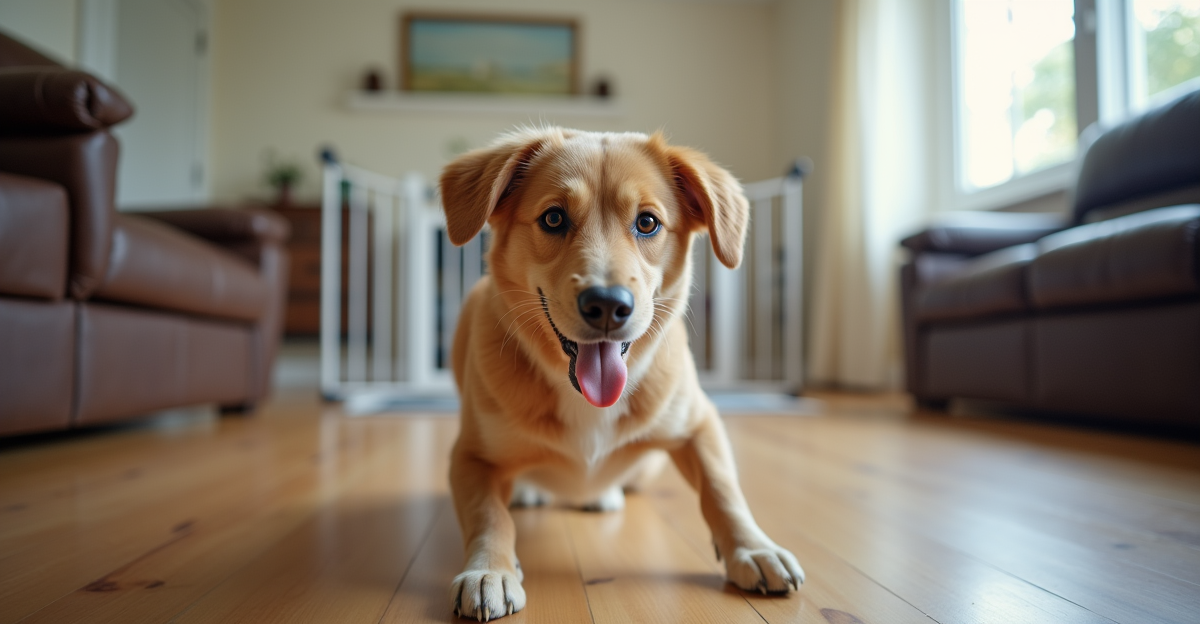 dog-safe living room with baby gate across doorway, cord protectors visible, chew-safe furniture, br