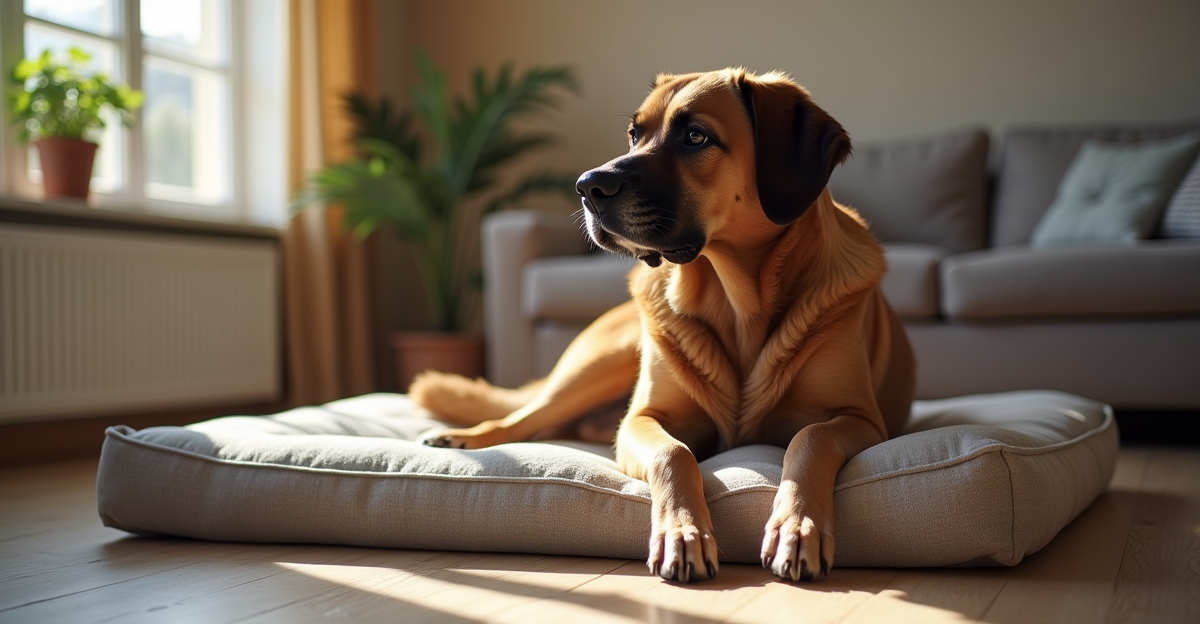large dog lying on a tough chew-resistant elevated dog bed, living room, afternoon light, durable fa