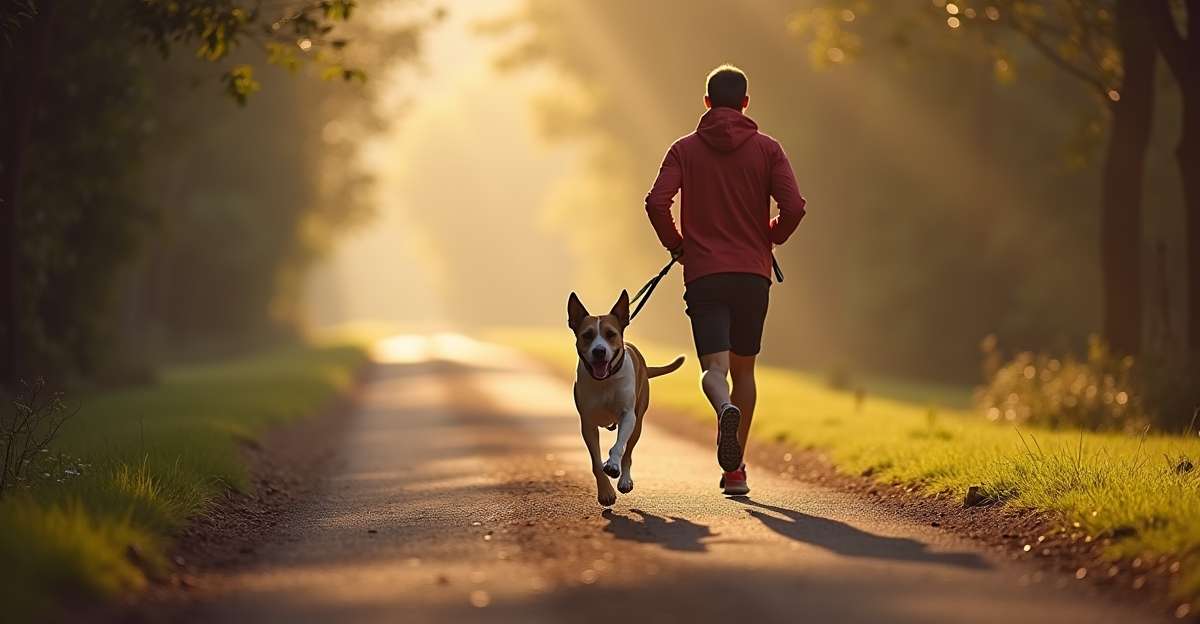 person jogging with large dog on a running leash on a tree-lined trail, morning light, both moving a