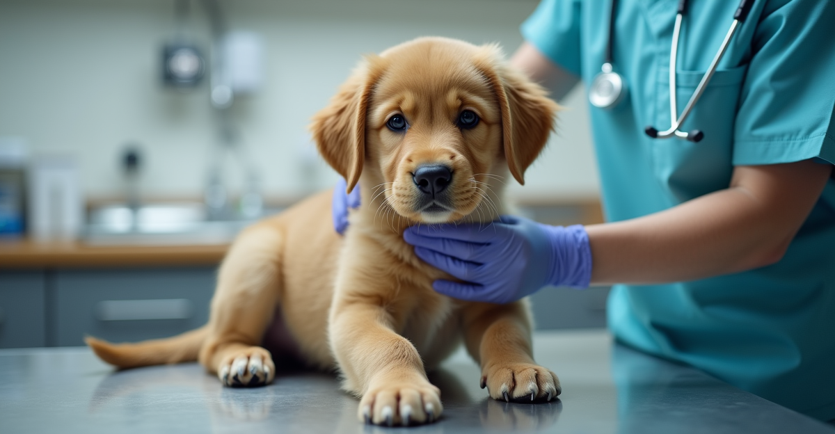 veterinarian administering vaccination to a large breed puppy on exam table, clinical setting, profe