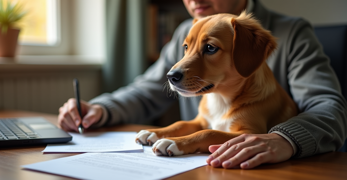 dog owner reviewing pet insurance documents at a desk with their dog sitting beside them, warm home