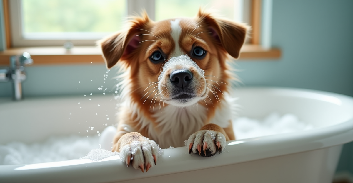 dog being bathed with dog shampoo in a home bathtub, suds and water splashing, clean bathroom, brigh