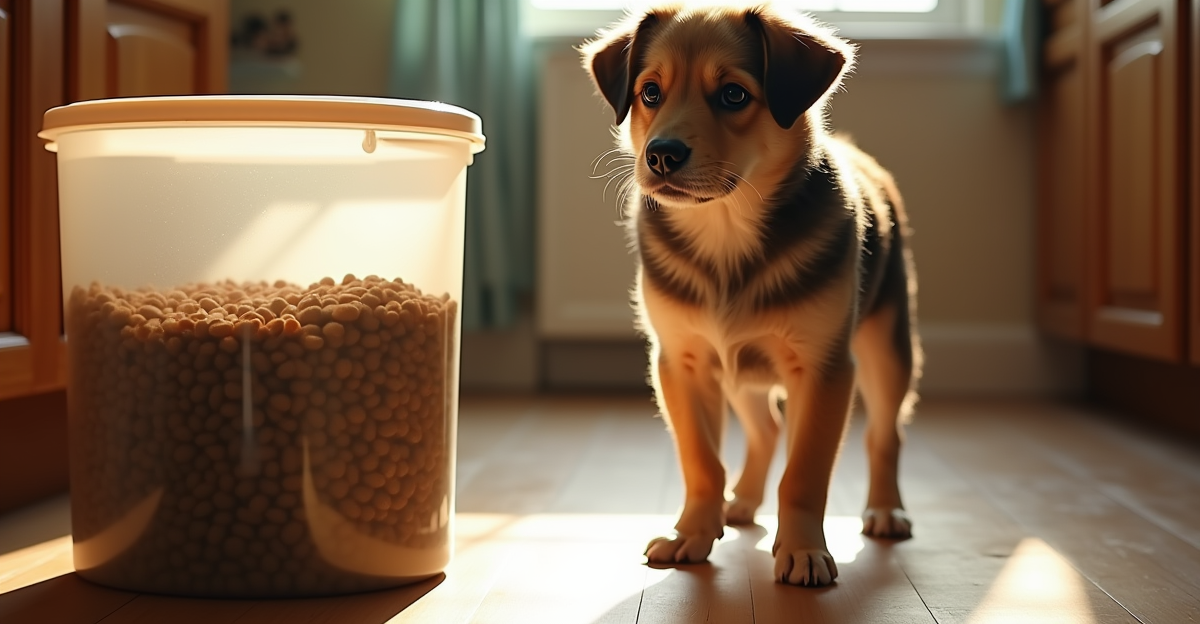 large airtight dog food storage container next to a food bag on kitchen floor, dog watching curiousl