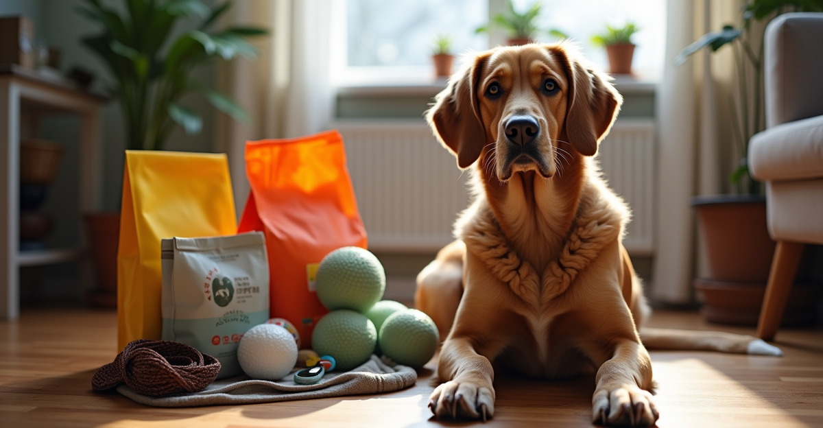 Dog next to pet supplies showing monthly costs