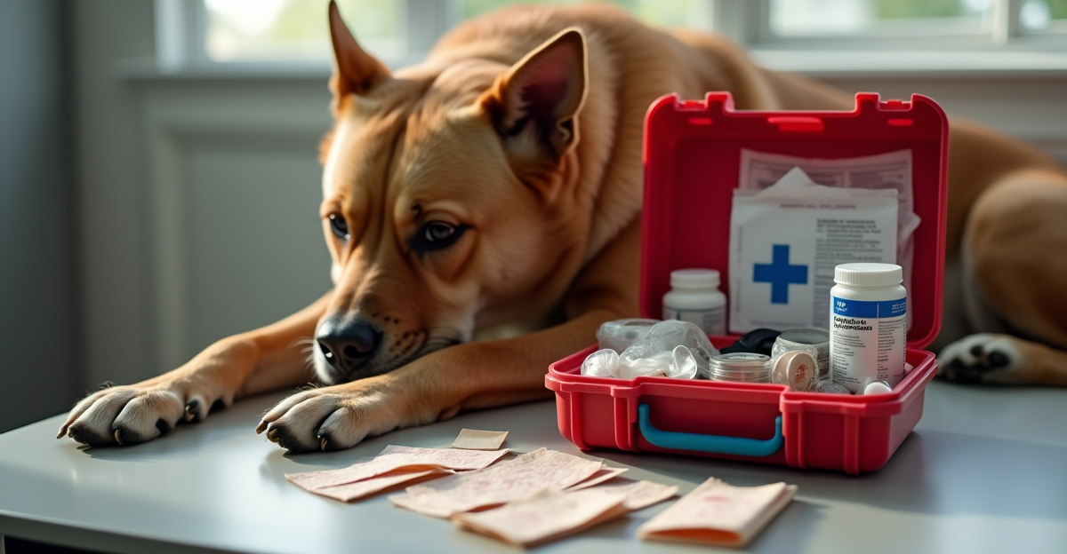 open pet first aid kit with bandages and antiseptic supplies spread on a table next to a calm large
