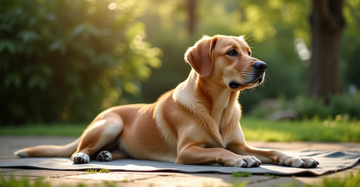 large dog lying on a cooling mat in shaded backyard on a hot summer day, dappled sunlight through tr