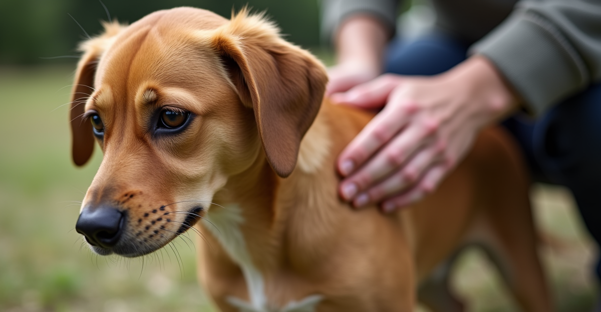 dog being treated with a topical flea and tick prevention between the shoulder blades, owner's hand