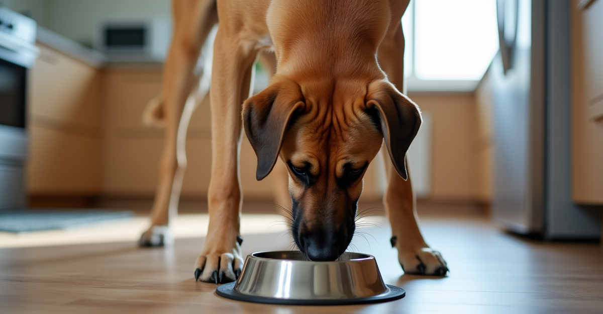 large breed dog eating from an elevated stainless steel feeder bowl in a modern kitchen, natural win