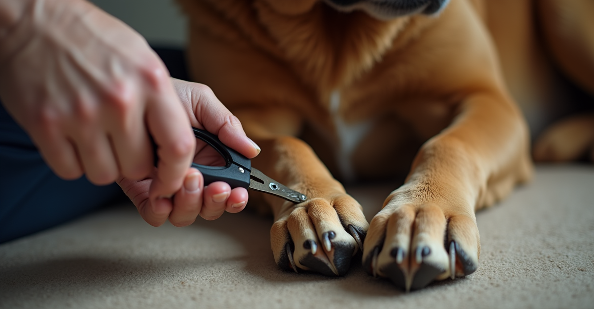 owner carefully trimming a large dog's nails with clippers, close-up of paws, calm home setting, sof