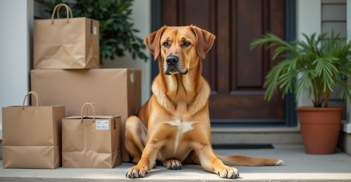 large dog sitting next to multiple pet supply packages and shopping bags on a porch, delivery boxes,