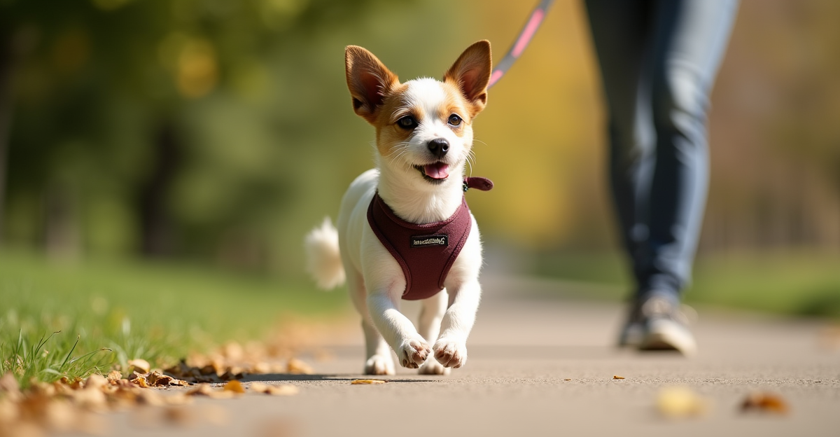 small dog wearing a comfortable harness walking on a park path, owner holding leash, sunny afternoon