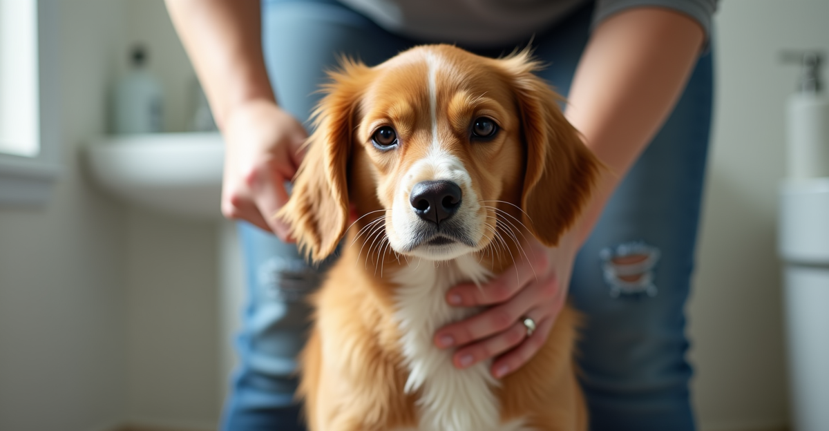 owner brushing a dog at home with a slicker brush, bathroom setting, dog standing calmly, bright nat