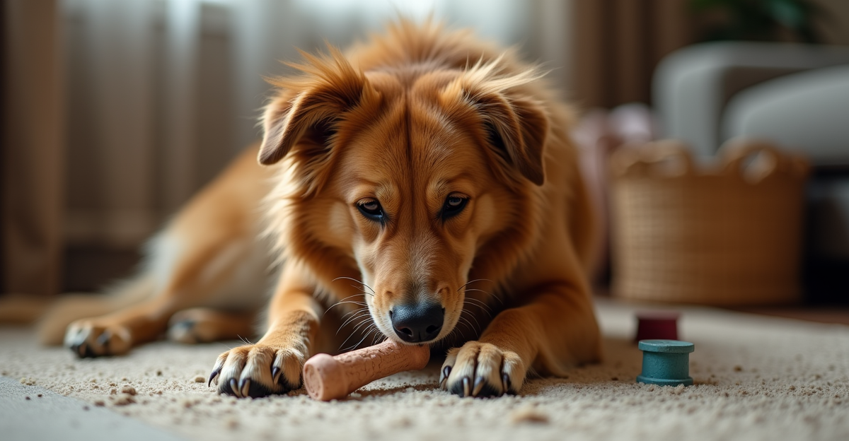 large dog enthusiastically playing with durable chew toy on a living room floor, scattered toys arou