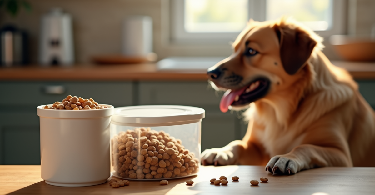 airtight dog food storage containers on a kitchen counter, one open showing fresh kibble, dog watchi
