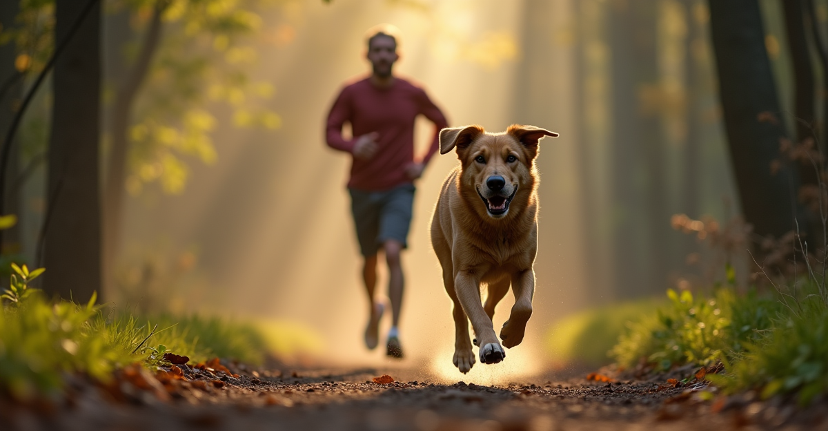 person and large dog running together on a forest trail, both mid-stride, morning light filtering th