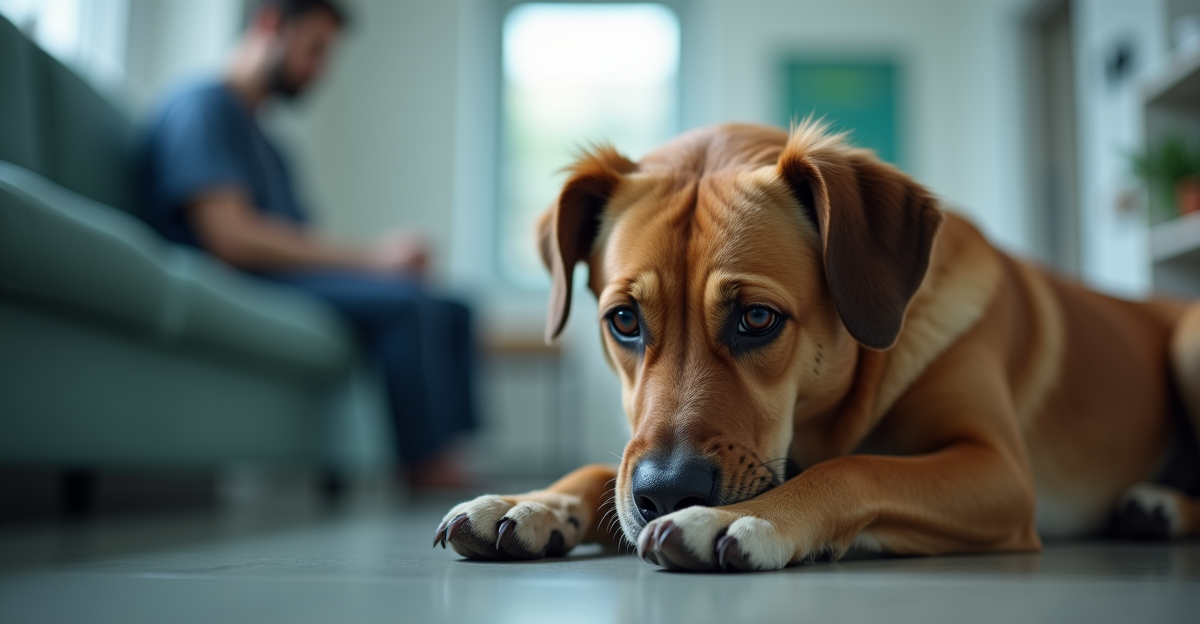 worried dog owner sitting in veterinary clinic waiting room with their large dog, soft clinical ligh